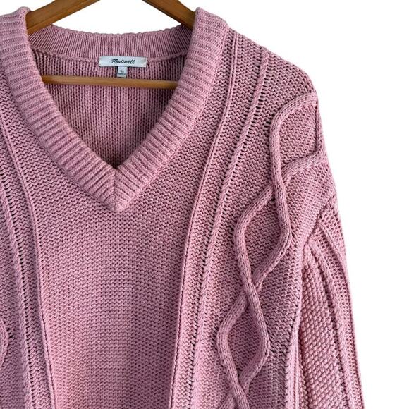 Madewell Pink Augustus Cable Knit V-Neck Sweater‎ 100% Cotton, Size XS - Picture 5 of 12